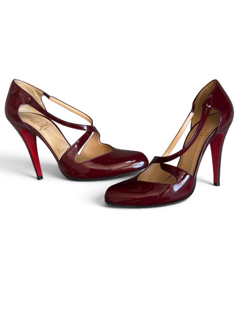 Christian Louboutin Triclo 100 Patent Calf Pumps Sz 38 Burgundy Red w/ Bag & Box